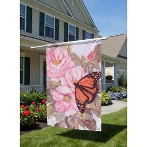 Evergreen Garden Flag Monarch Butterfly & Pink‎ Flowers 10x15" Vertical